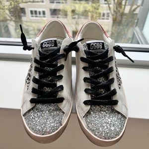 Golden Goose GGDB Super Star Sneakers with silver glitter and pony star
